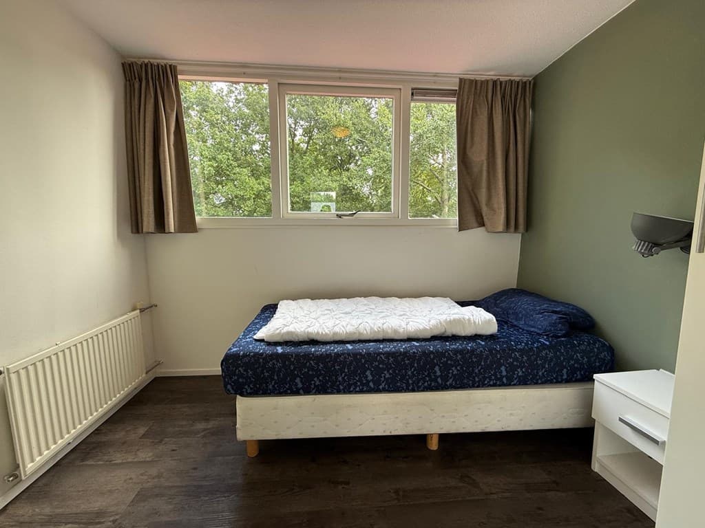 Slaapkamer met een eenpersoonsbed, wandgemkuren in groen en een raam met uitzicht op bomen buiten.