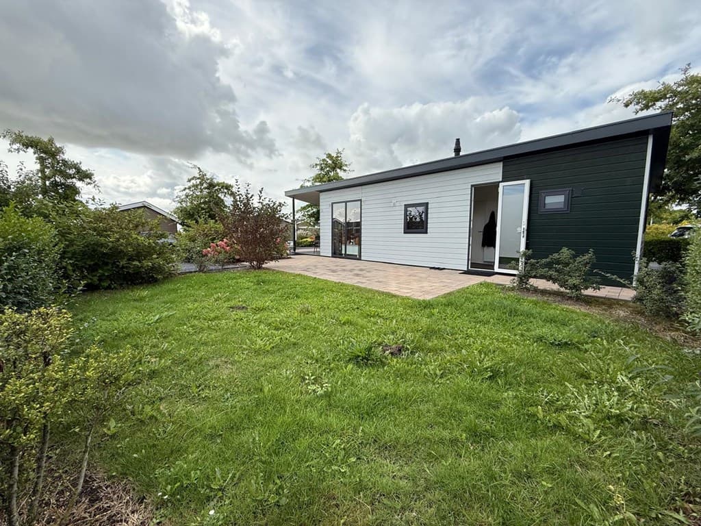 Moderne vakantiewoning met een groene en witte gevel, een betegeld terras en groen gras rondom in EuroParcs Markermeer