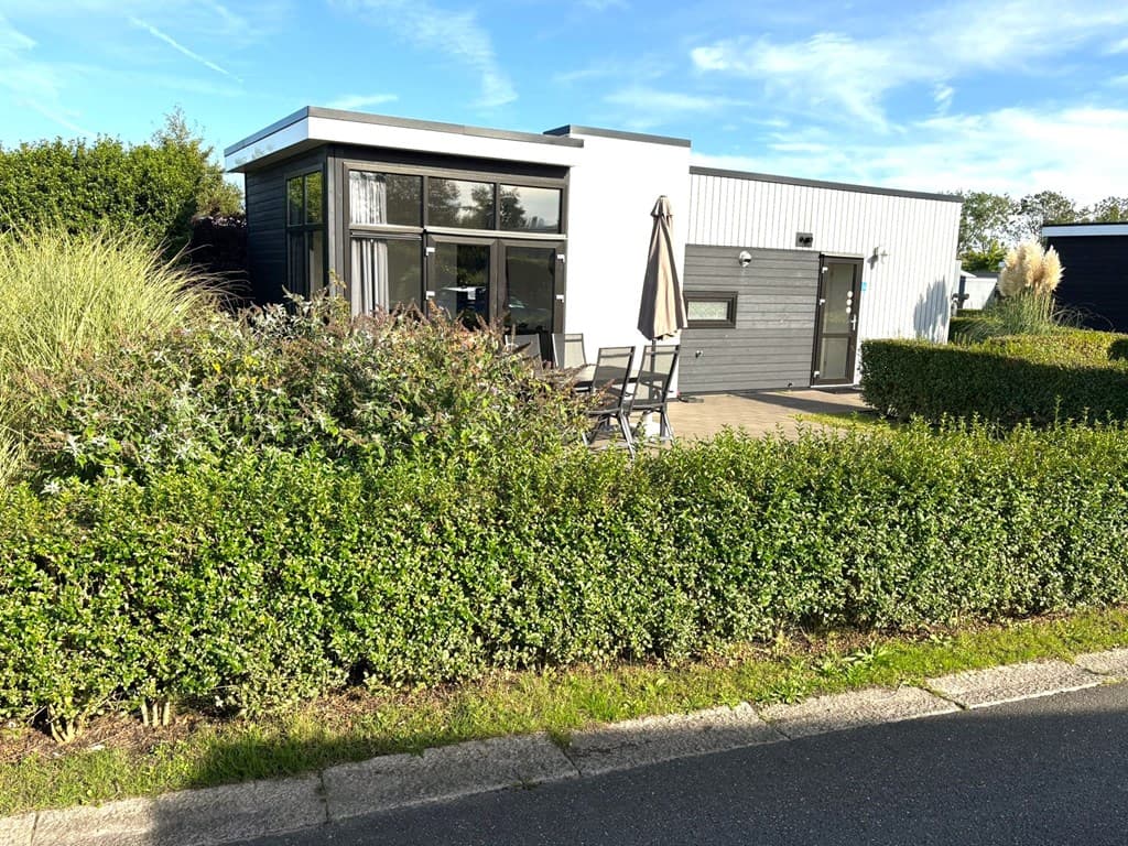 Moderne vakantiewoning met terras en tuin, omringd door groene hagen en een verhard pad in EuroParcs Bad Hulckesteijn.