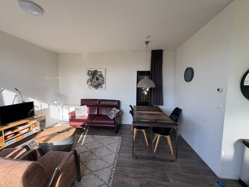 Lichte woonkamer met een bank, eettafel en televisie, grote ramen en een vloerkleed.