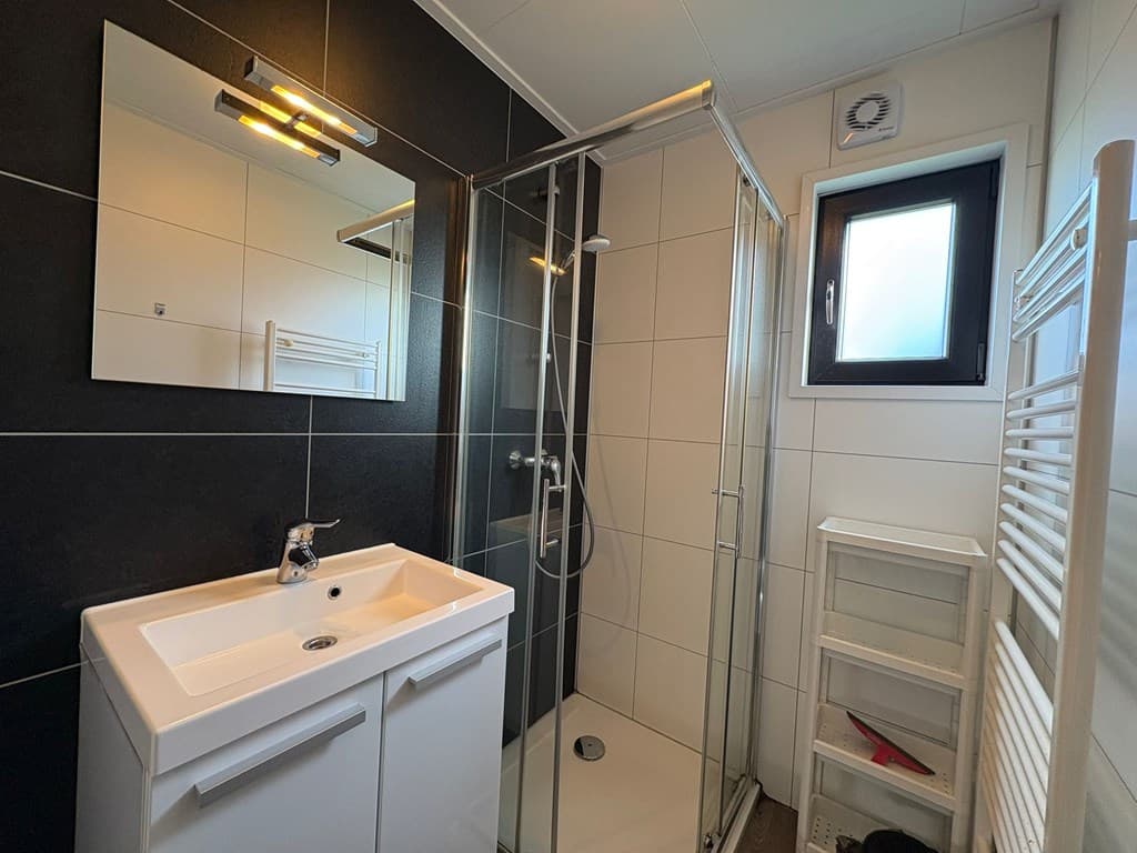 Moderne badkamer met inloopdouche, wastafel en spiegel, lichtinval van een klein raam boven de douche.