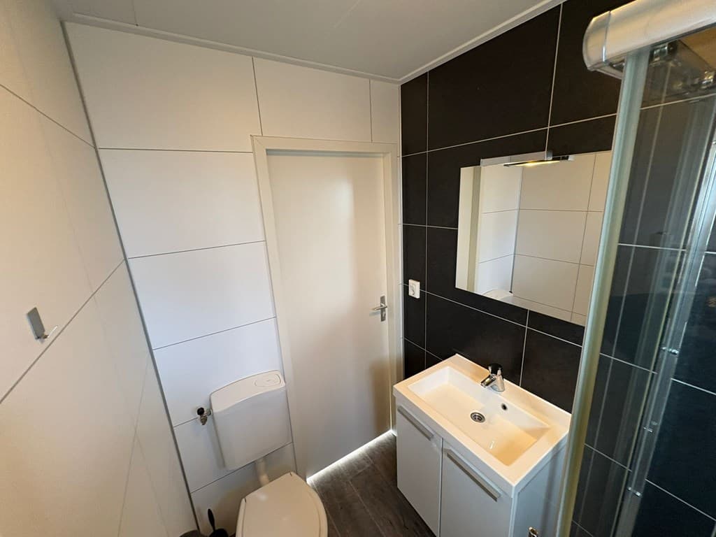Moderne badkamer met glazen douche, toilet en wastafel met spiegel, zwart-witte tegels en lichte wandafwerking