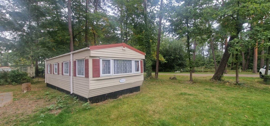 Vakantiehuis omgeven door bomen met een grasveld en een verharde weg aan de voorkant.