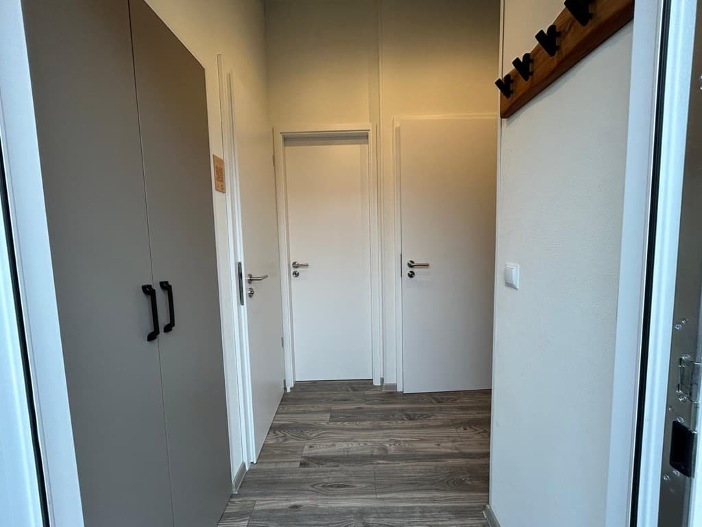 Entreehal met een laminaatvloer, kast, en dubbele deuren naar andere ruimtes.