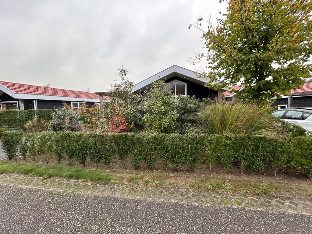 Zwart houten vakantiehuis met groene begroeiing, omheind door een haag, gelegen aan een verhard pad.