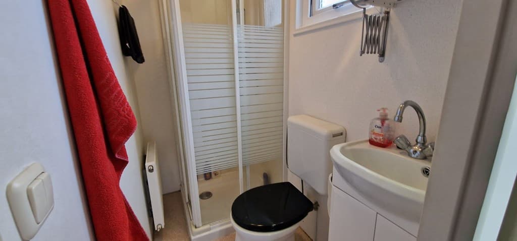 Badkamer met douchecabine, toilet en wastafel, afgewerkt in neutrale kleuren en voorzien van een handdoekrek.