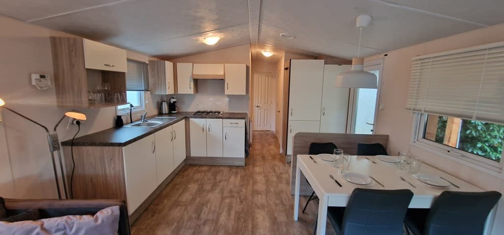 Ingerichte woonkamer met open keuken en eetruimte, met moderne meubels en veel natuurlijk licht