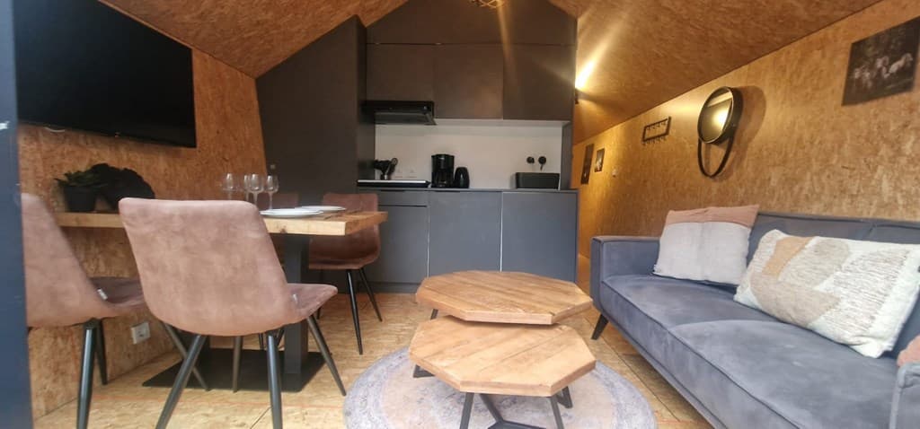 Gezellige woonkamer met moderne keuken, eetgedeelte en comfortabele bank in EuroParcs Ruinen