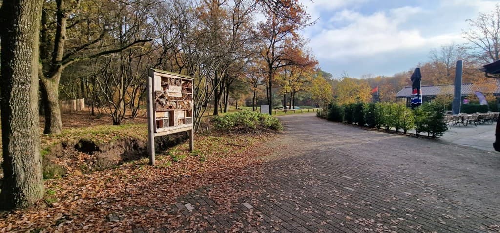 Ingang met houten bord en bestrate weg omgeven door bomen en herfstkleuren
