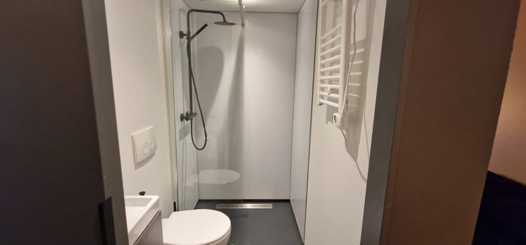 Moderne badkamer met inloopdouche, toilet en wastafel, met neutrale kleuren en een schone uitstraling