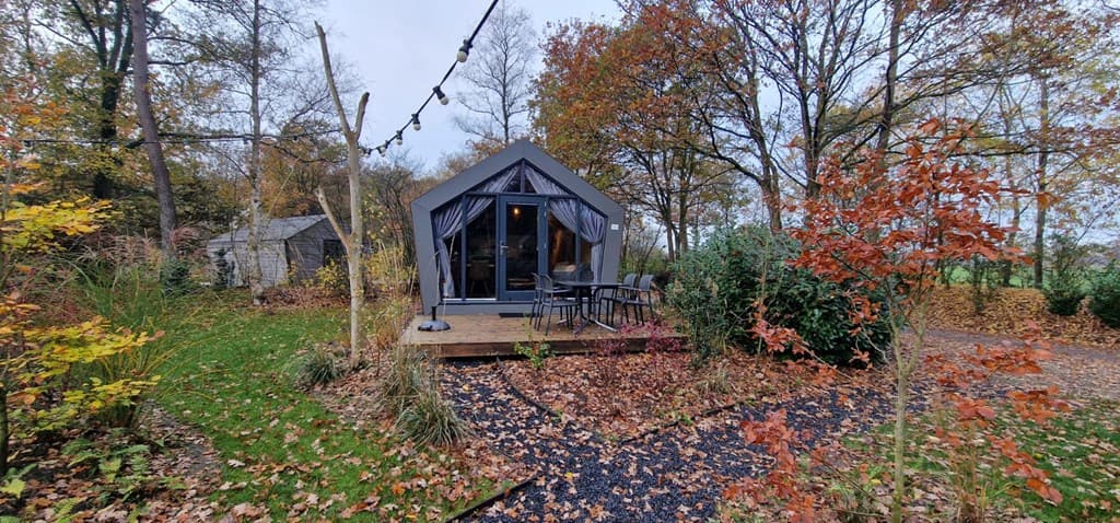 Moderne vakantiewoning met een houten terras, omringd door herfstbladeren en groene struiken in een bosrijke omgeving.
