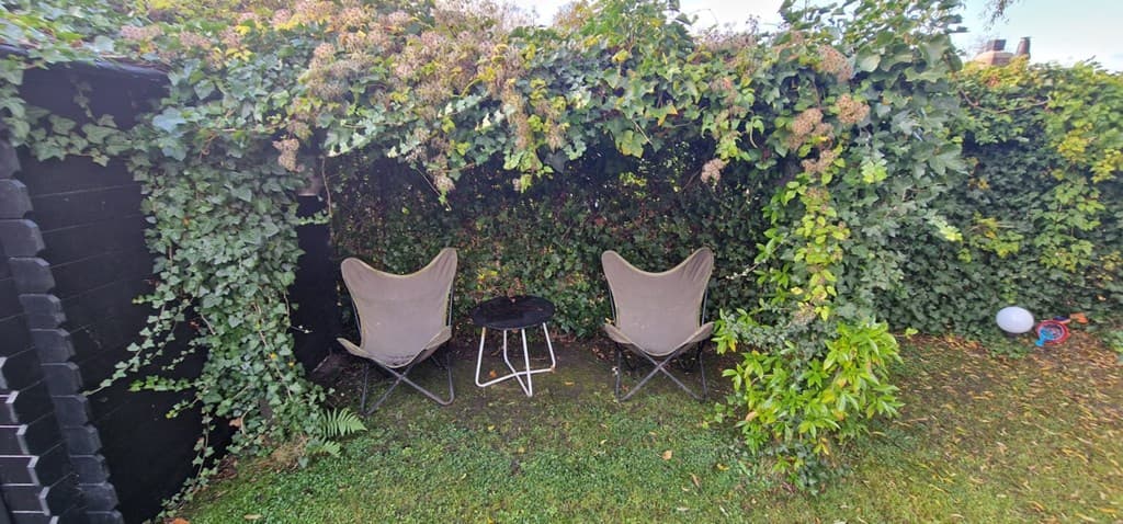 Twee comfortabele stoelen met een bijzettafel, omringd door groene klimop en een grasveld.