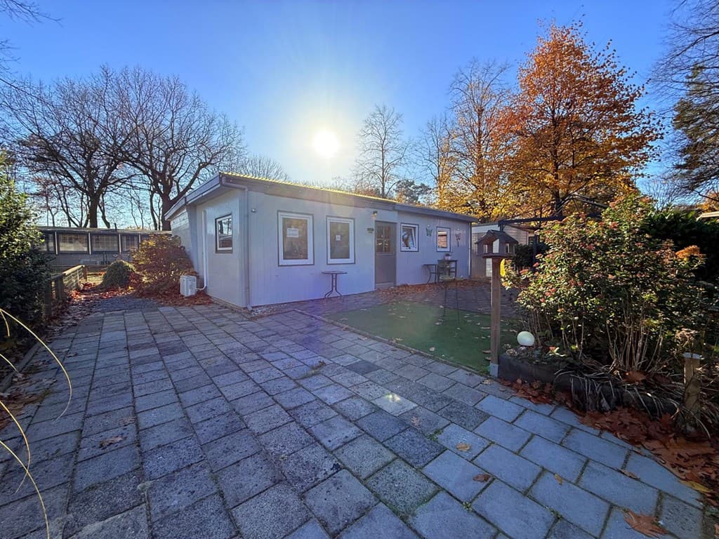 Buitenzijde van een woning met een patio en bomen in de herfst, zonnige dag met een heldere lucht