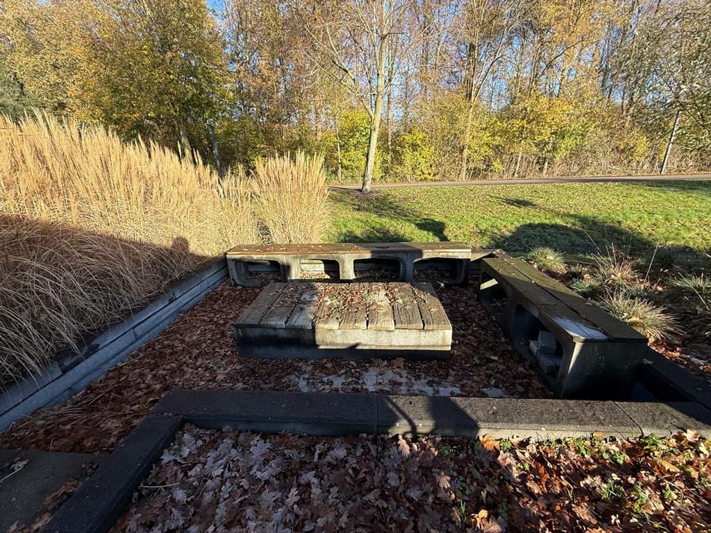 Een buitenruimte met verharding en een zitplek gemaakt van betonblokken, omgeven door gras en struiken.