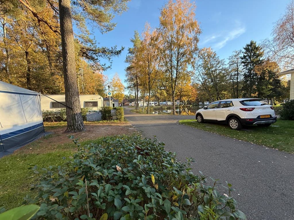 Pad tussen camperplaatsen met bomen en een witte auto, op de achtergrond camping en waterpartijen zichtbaar