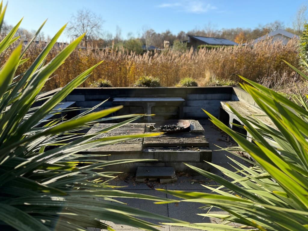 Zicht op een terras met een stenen vuurplaats omringd door groene planten en hoge grasachtige begroeiing.