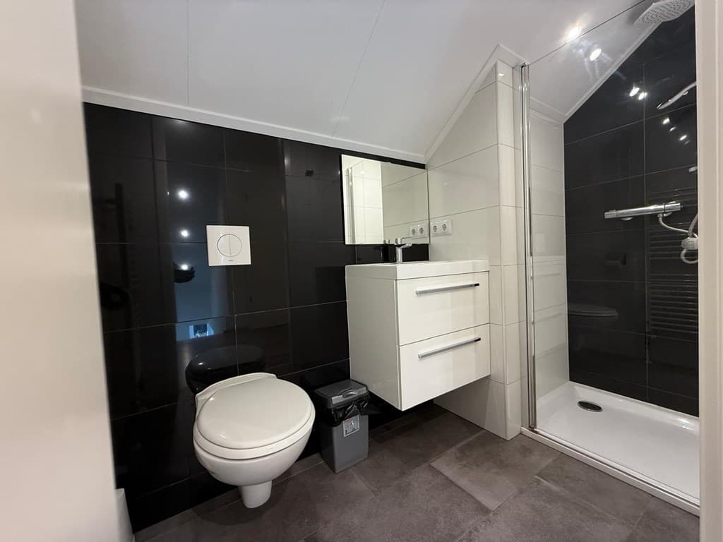 Modern badkamer met een inloopdouche, wastafelmeubel en toilet in neutrale kleuren.