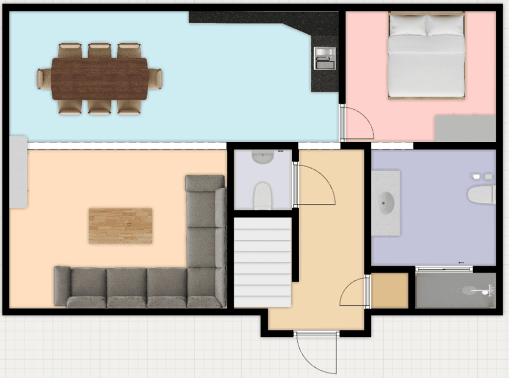 Plattegrond van een woning met een zit- en eetgedeelte, slaapkamer, badkamer en trap naar boven.