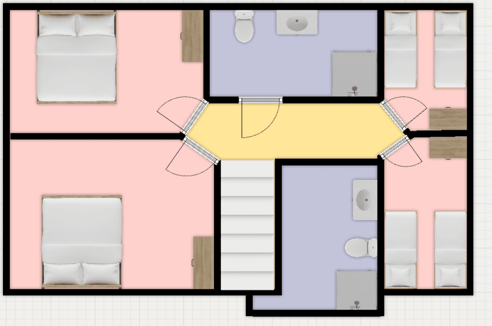 Plattegrond van een woning met twee slaapkamers, twee badkamers en een centrale hal met trap en woonkamer.