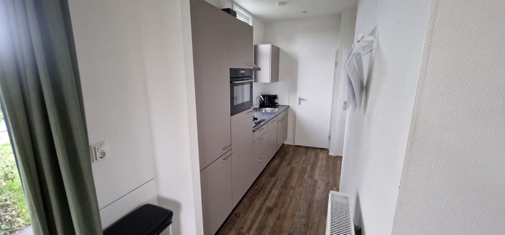 Moderne keuken met grijze kasten, oven en kookplaat in een lichte ruimte met houten vloer.