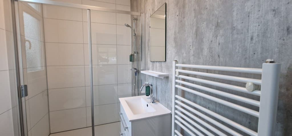 Moderne badkamer met inloopdouche, wastafel en witte radiator op een betonnen wand.