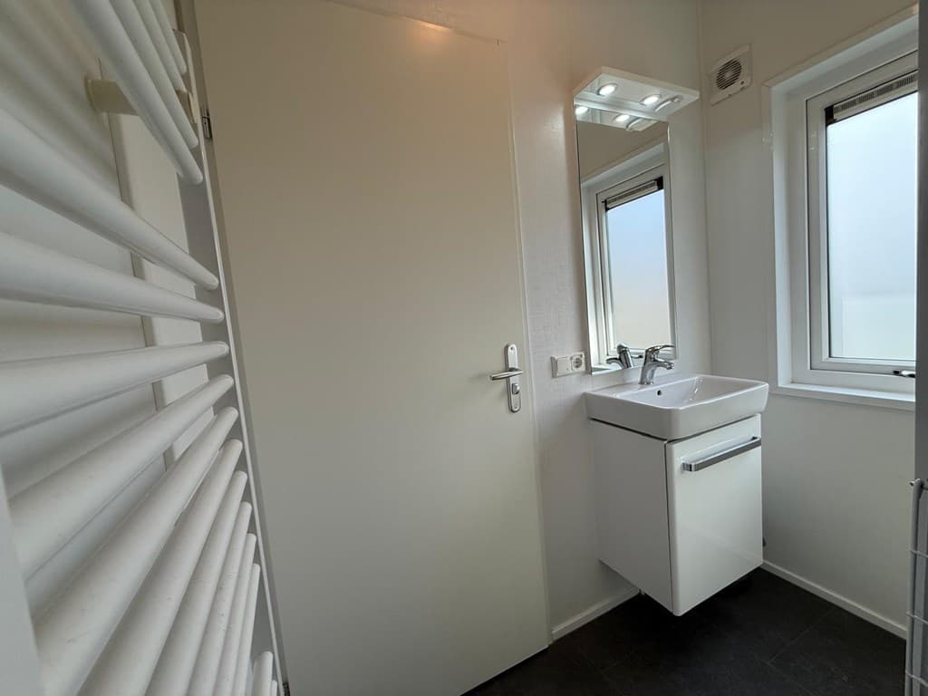 Moderne badkamer met wastafel, spiegel en radiator, voorzien van een raam voor natuurlijk licht.
