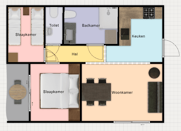 Plattegrond van een vakantiewoning met twee slaapkamers, keuken, woonkamer, badkamer en hal.