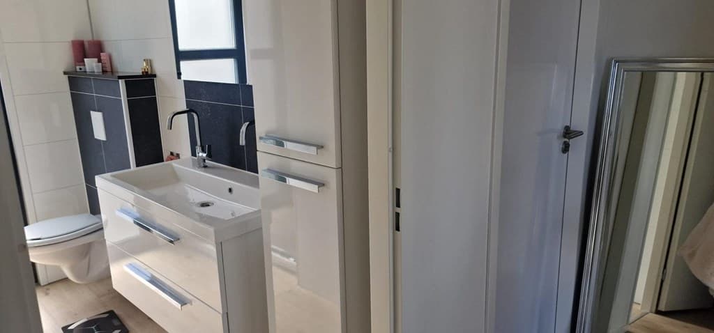 Badkamer met moderne wastafel en spiegel, toilet en donkere wandtegels zichtbaar.