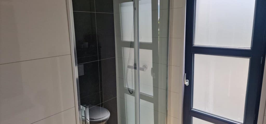 Moderne badkamer met douchecabine, toilet en grote raampartij voor natuurlijk licht.