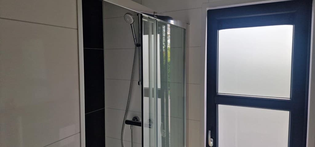 Moderne douchecabine met glazen deuren en een zwarte deur in een lichte badkamer.