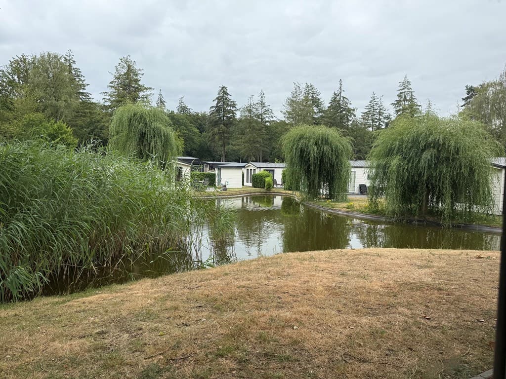 Vakantiewoning met uitzicht op een vijver omgeven door bomen en grasvelden, gelegen in een groene omgeving.