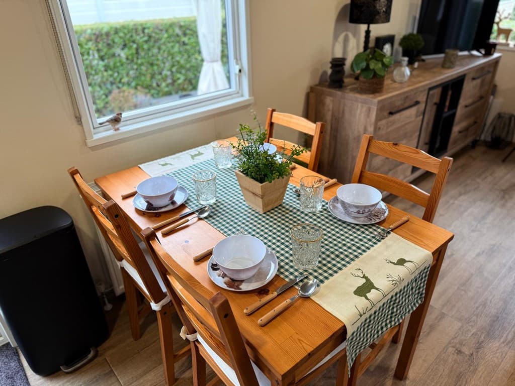 Eetkamertafel met vier stoelen, gedekt met servies en een plantje in een houten pot, naast een raam en een tv-meubel