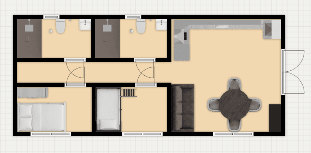 Plattegrond van een vakantiewoning met twee slaapkamers, twee badkamers en een woonruimte met zithoek en eetgedeelte