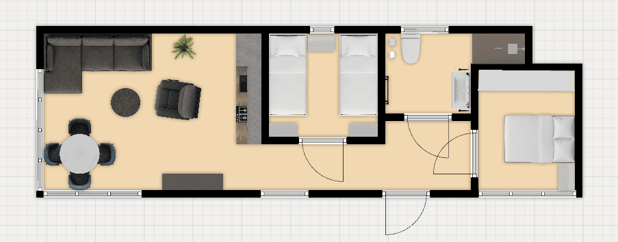 Plattegrond van een vakantiewoning met een woonkamer, eetkamer, twee slaapkamers en een badkamer