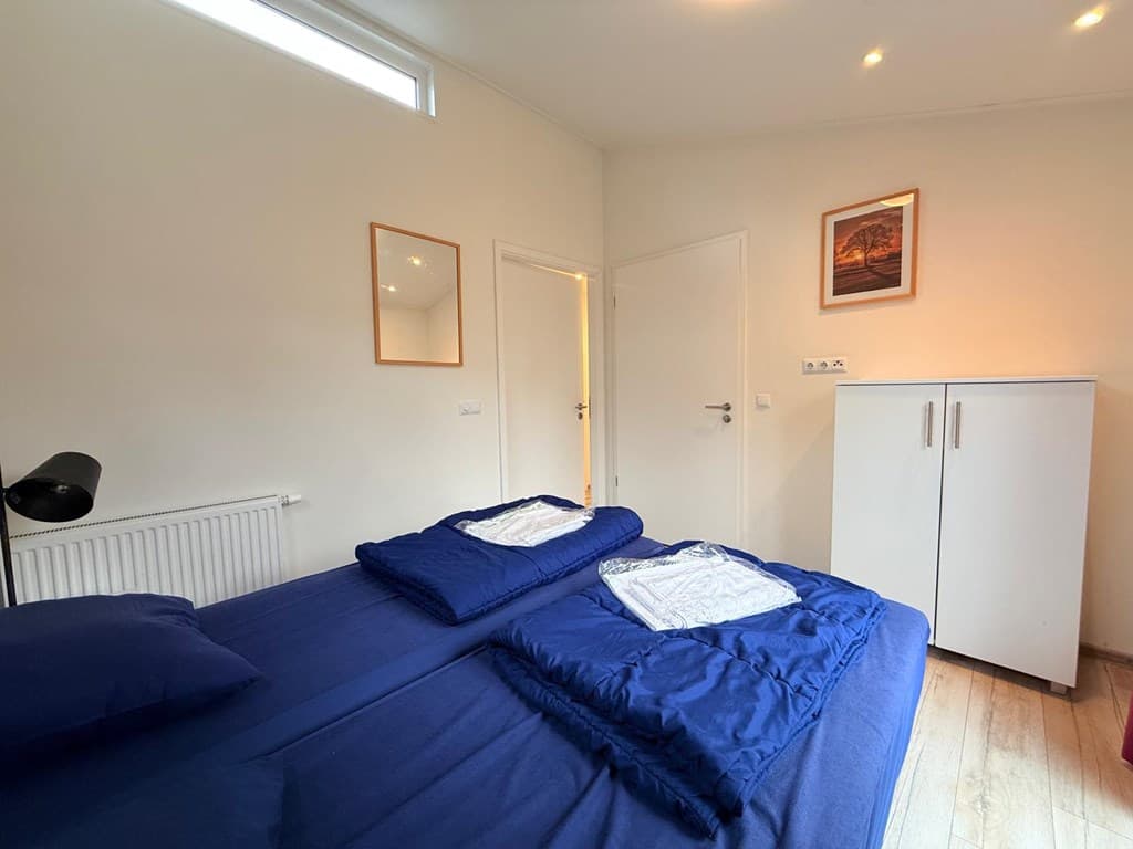 Slaapkamer met een tweepersoonsbed, kast, spiegel en kunst aan de muur in EuroParcs Resort De Utrechtse Heuvelrug