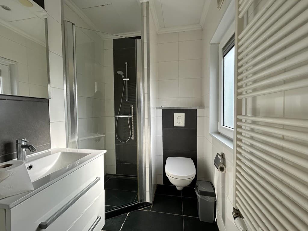 Moderne badkamer met douche, toilet en wastafel, voorzien van zwarte en witte tegels en een designradiator