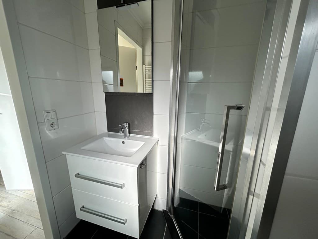 Moderne badkamer met wastafel, spiegel en inloopdouche op EuroParcs Veluwemeer.