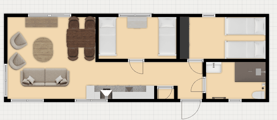 Plattegrond van een vakantiewoning met indeling van twee slaapkamers, een woonruimte en een open keuken.
