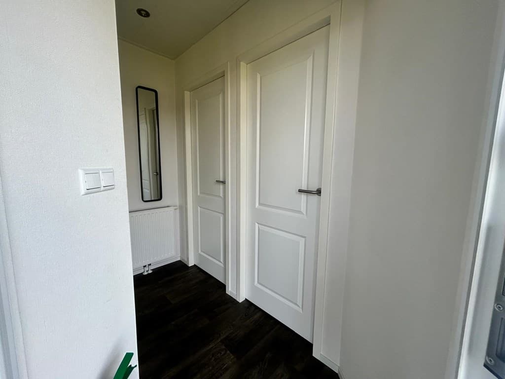 Ingang met twee deuren, een radiator en een spiegel aan de muur, afgewerkt in lichte kleuren en een moderne uitstraling