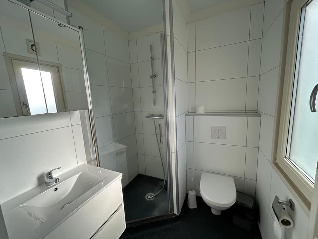 Moderne badkamer met douchecabine, wastafel en toilet in lichte tegelafwerking.