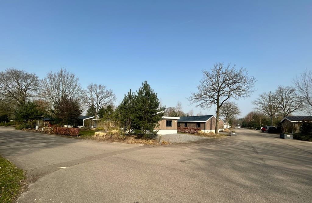 Uitzicht op de straat met woningen en bomen bij EuroParcs Zuiderzee in Biddinghuizen, helder blauwe lucht.
