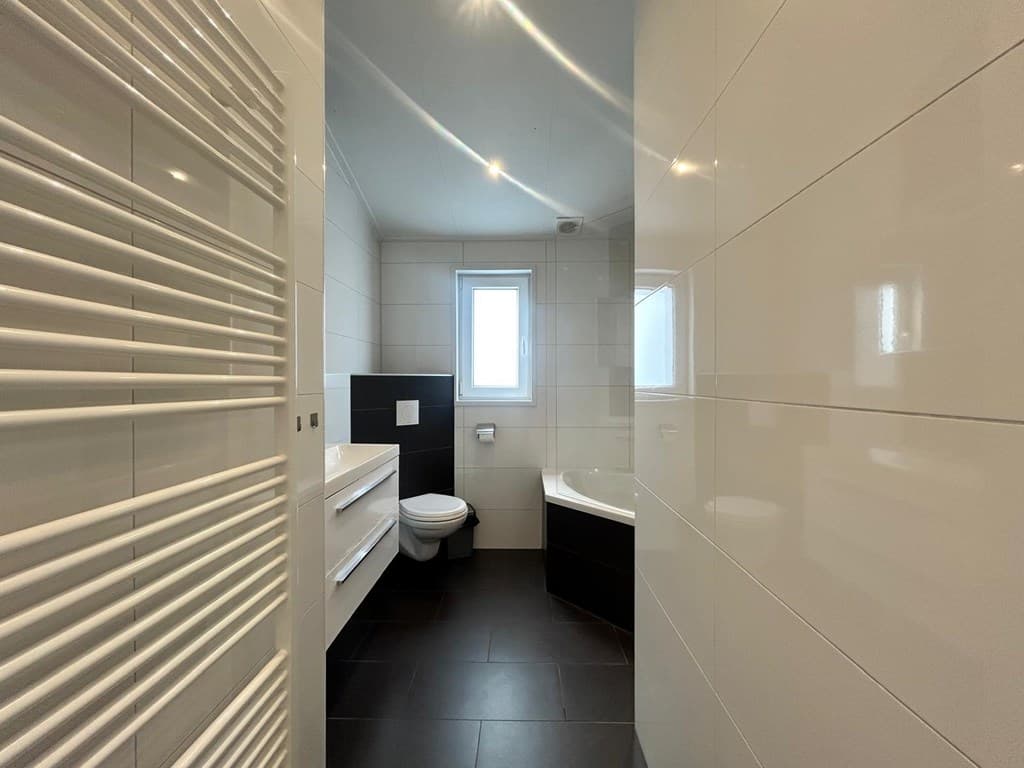 Modern badkamer met witte en zwarte tegels, douche, toilet en venster voor natuurlijk licht