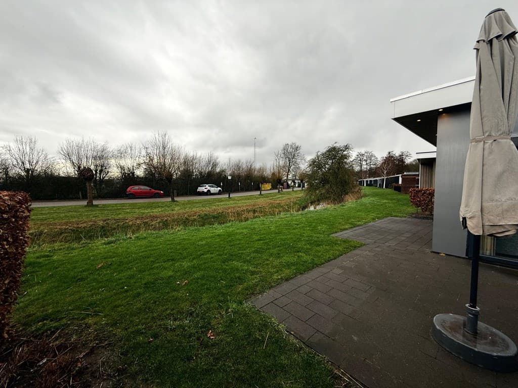 Uitzicht op een groene tuin met gras en bestrating, naast een weg met enkele bomen en auto's in de verte.