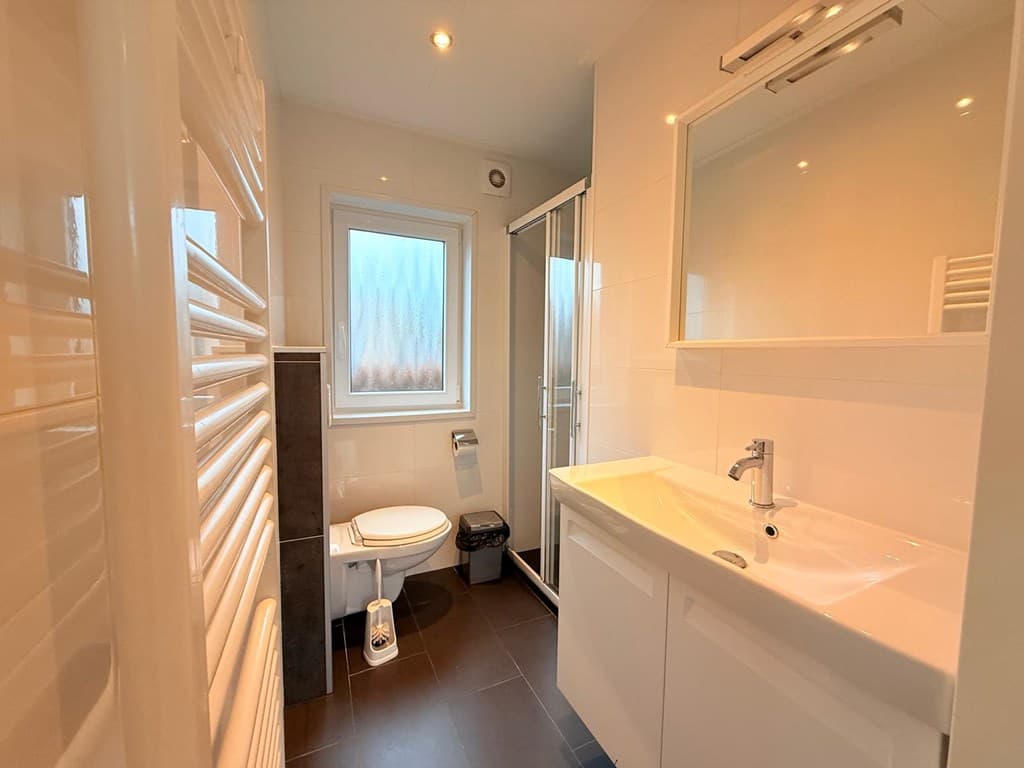 Moderne, lichte badkamer met douche, toilet en wastafel, voorzien van een raam en handdoekradiator