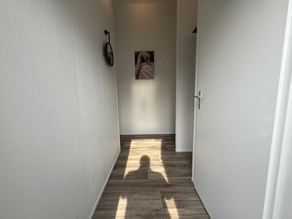 In een smalle gang met een deur aan de rechterkant, houten vloer en een kunstwerk aan de muur aan de linkerkant