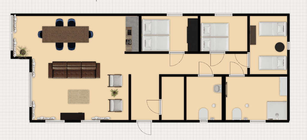 Plattegrond van een vakantiewoning met woonkamer, eetruimte, twee slaapkamers en badkamer, eenvoudige indeling met meubels zi