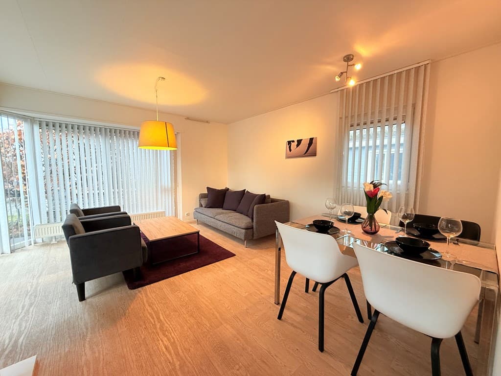 Moderne woonkamer met een bank, stoelen en een eettafel met stoelen, grote ramen met jaloezieën en een vloerkleed