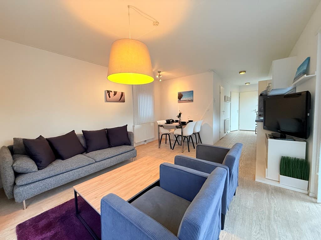 Zit- en eetruimte met een bank, twee stoelen, een eettafel en een tv in een lichte kamer met raam en lamp.