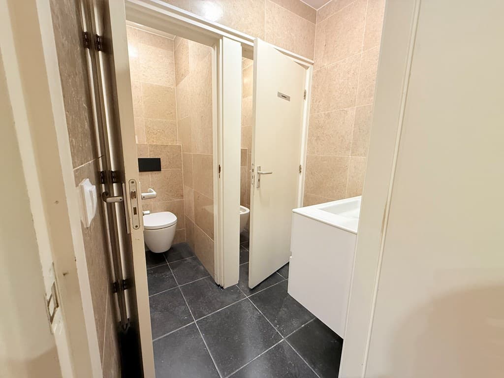Modern sanitair met tegelwand en donkergrijze vloertegels, twee aparte toiletten en wastafel zichtbaar.