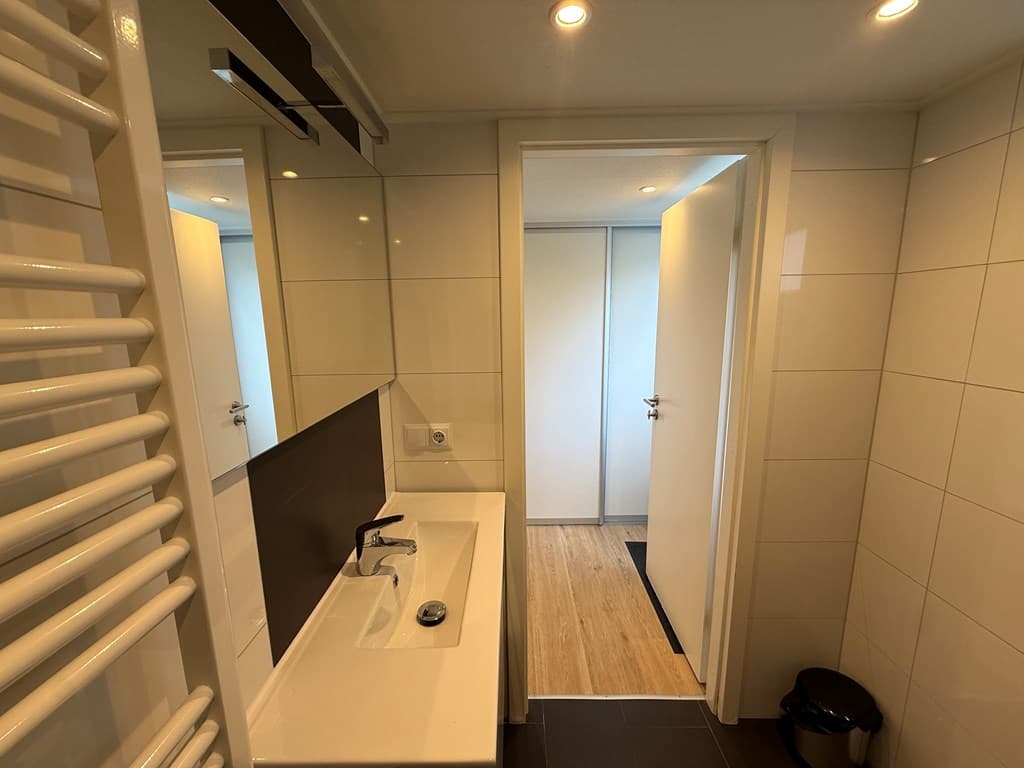 Moderne badkamer met wastafel, spiegel en deur naar een andere ruimte met laminaatvloer.